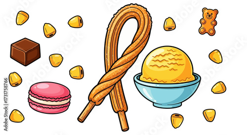 Colorful cartoon illustration featuring an assortment of delicious sweets and candy