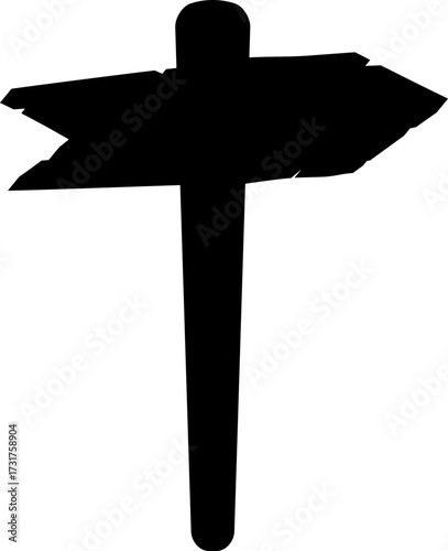 Illustration of wooden signpost with directional arrows silhouette. Clean black outline ideal for logos, stencils, icon design, and navigation-themed graphics.