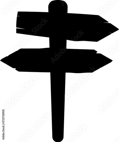Illustration of wooden signpost with directional arrows silhouette. Clean black outline ideal for logos, stencils, icon design, and navigation-themed graphics.