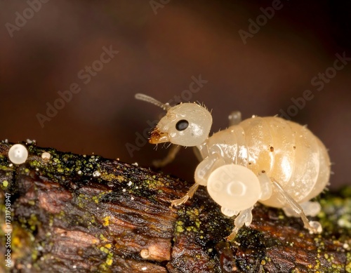 Close-up of a pale ant on a log