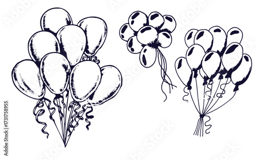 Balloon outline elements clipart set. Inflatable floating balloons with printed pattern drawing icon clip art collection