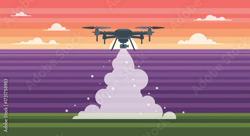 Drone spraying substance from the sky over a field.