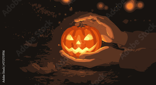 Hands tenderly hold a luminous jack-o'-lantern, its carved face glowing with an inviting warmth against the deep, mysterious backdrop of the night.
