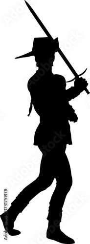 Silhouette illustration of a swordsman in a dynamic pose, holding a sword and wearing traditional attire. Perfect for medieval, fencing, warrior, or fantasy themed designs and artworks.