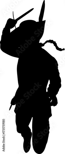 Silhouette illustration of a swordsman in a dynamic pose, holding a sword and wearing traditional attire. Perfect for medieval, fencing, warrior, or fantasy themed designs and artworks.