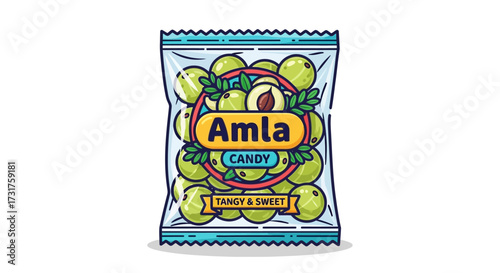 Illustration of a packet of Amla candy with vibrant colors and cartoonish design offering a sweet