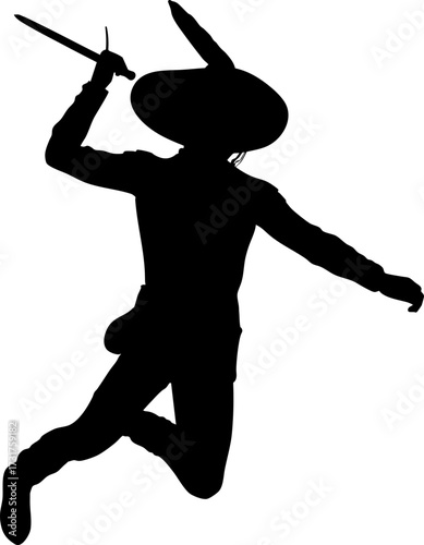 Silhouette illustration of a swordsman in a dynamic pose, holding a sword and wearing traditional attire. Perfect for medieval, fencing, warrior, or fantasy themed designs and artworks.