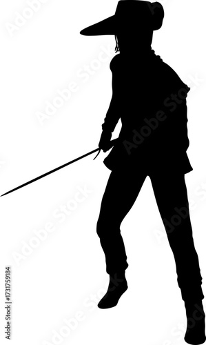 Silhouette illustration of a swordsman in a dynamic pose, holding a sword and wearing traditional attire. Perfect for medieval, fencing, warrior, or fantasy themed designs and artworks.