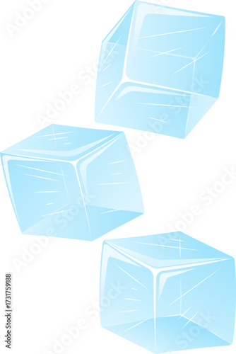 Illustration of three translucent ice cubes with sharp edges and realistic reflections, floating on a clean background. Ideal for food and drink designs.