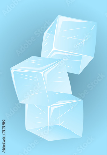 Illustration of three translucent ice cubes with sharp edges and realistic reflections, floating on a clean background. Ideal for food and drink designs.