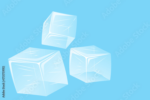 Illustration of three translucent ice cubes with sharp edges and realistic reflections, floating on a clean background. Ideal for food and drink designs.