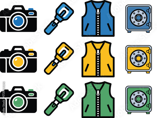 Collection of camera, flashlight, vest, and safe icons isolated on white background