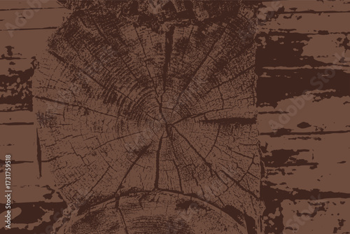 Detailed illustration of brown rustic wooden log wall with visible growth rings and weathered surface. High contrast texture design ideal for backgrounds, patterns, or natural wood-themed graphic proj