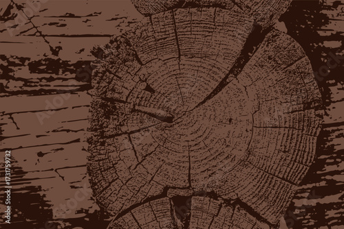 Detailed illustration of brown rustic wooden log wall with visible growth rings and weathered surface. High contrast texture design ideal for backgrounds, patterns, or natural wood-themed graphic proj