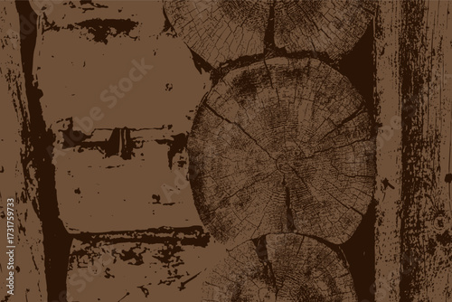 Detailed illustration of brown rustic wooden log wall with visible growth rings and weathered surface. High contrast texture design ideal for backgrounds, patterns, or natural wood-themed graphic proj