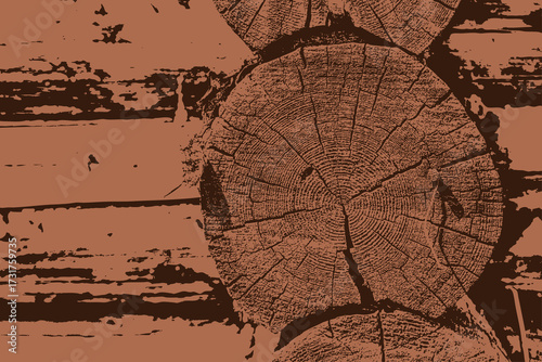 Detailed illustration of brown rustic wooden log wall with visible growth rings and weathered surface. High contrast texture design ideal for backgrounds, patterns, or natural wood-themed graphic proj