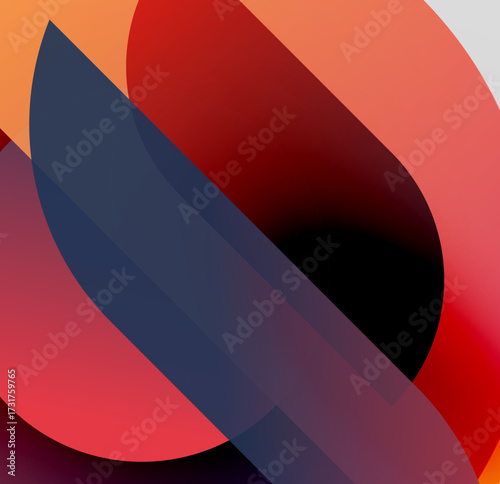 Abstract shapes overlap, creating vibrant color gradients. Warm reds blend with cool blues, forming dynamic composition. Minimalist design.
