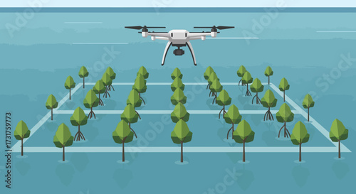 Drone surveying a plantation of young trees for agricultural monitoring.