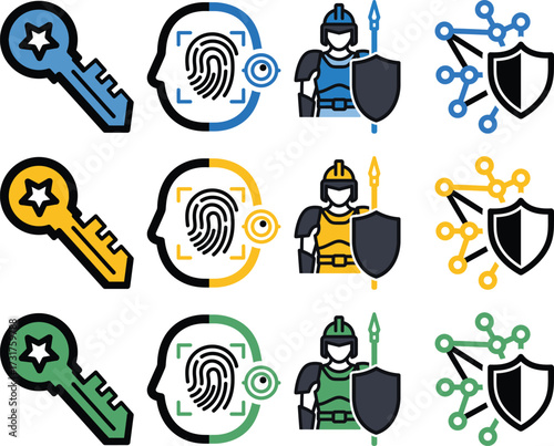 Security concept icons with keys, fingerprints, knights, and network shields isolated on white background