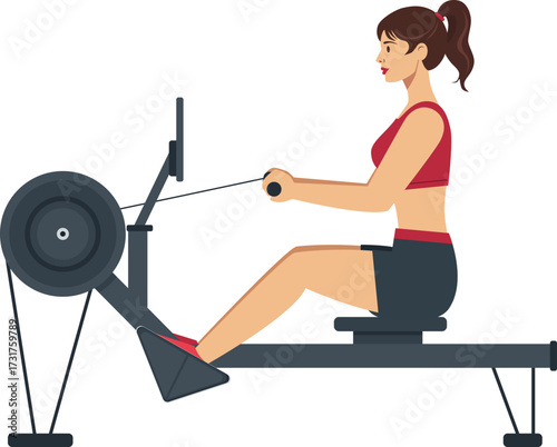 Illustration of a woman training on an indoor rowing machine. The fitness activity highlights strength, endurance, and cardio workout, promoting a healthy lifestyle and full-body exercise routine.