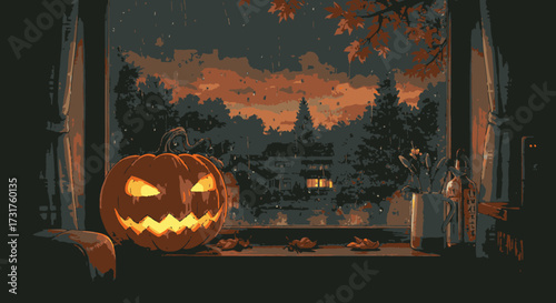 A glowing jack-o'-lantern on a windowsill, adorned with autumn leaves, overlooks a pixelated twilight landscape, creating a nostalgic Halloween mood.