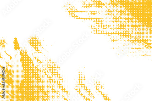 Abstract yellow brush strokes blended with halftone dot patterns on a clean white background. The modern texture creates a dynamic, artistic composition.