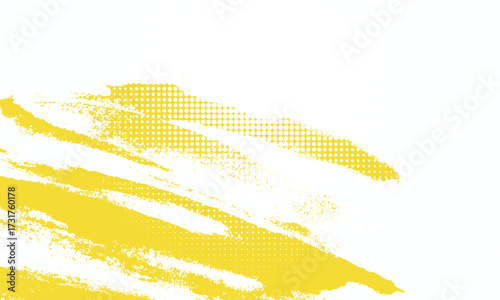Abstract yellow brush strokes blended with halftone dot patterns on a clean white background. The modern texture creates a dynamic, artistic composition.