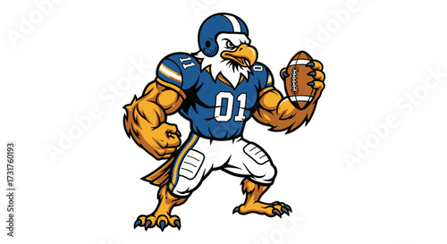 Eagle athlete character in blue and white football uniform holds an american football