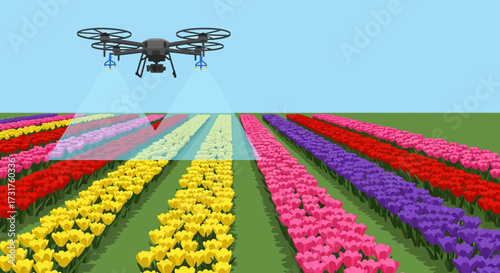 Drone surveying a vibrant tulip field for precision agriculture.