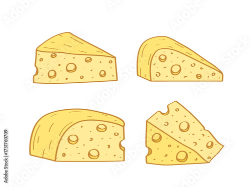 A set of pieces of cheese with holes. Vector illustration of dairy products cheeses.