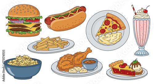 Delicious and tempting cartoon fast food icons offer an enjoyable culinary experience