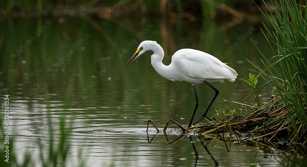 Naklejka premium White bird standing on water surrounded by greenery in natural environment