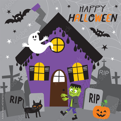 Happy Halloween with haunted house, ghost and frankenstein