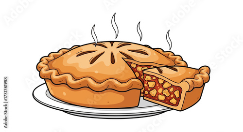 Delicious homemade apple pie cartoon illustration with a slice taken out and steam rising