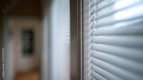 A close-up view of white window blinds, showcasing their texture and light filtering through, with a blurred background hinting at a hallway.