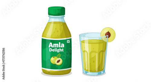 Amla Delight beverage bottle with a glass of refreshing amla juice presentation vector design