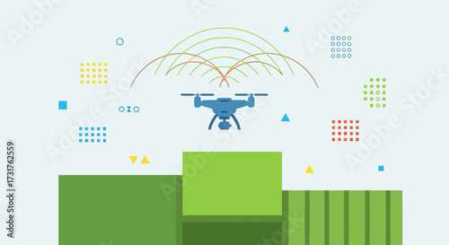 Drone surveying agricultural fields with advanced technology.