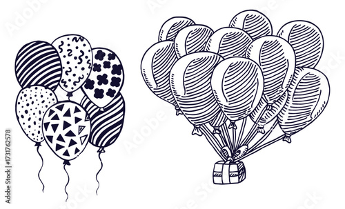 Balloon outline elements clipart set. Inflatable floating balloons with printed pattern drawing icon clip art collection