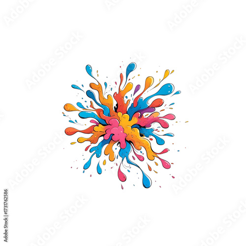 Vibrant explosion of colorful paint splashes in a dynamic abstract design on a white background, symbolizing creativity and joy