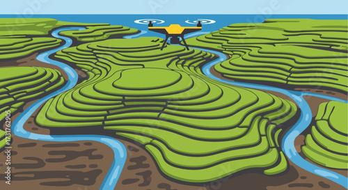 Drone surveying agricultural terraces and waterways from above.