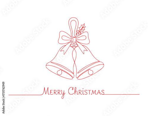 Christmas bells, handbells, and jingle bells adorned with holly berry illustrations. Merry Christmas vector backdrop. A single continuous line art drawing, perfect for a Christmas celebration poster o