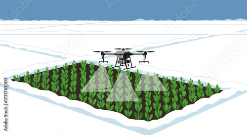 Drone surveying crops in a snowy field for precision agriculture.