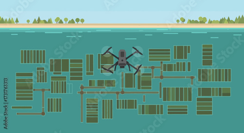 Drone surveying underwater aquaculture farm with fish cages.