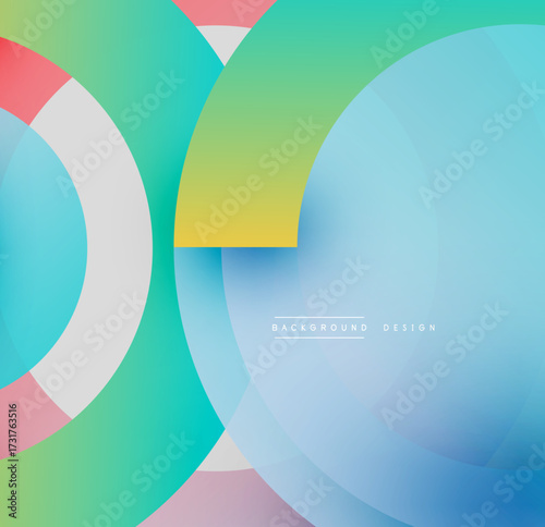 Abstract colorful circles overlap creating modern background. Gradient hues blend smoothly, offering vibrant visual experience.