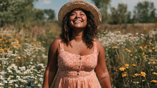 A plus-size woman in a summer dress and hat walks through a flower field, smiling with confidence, freedom, and joy.
