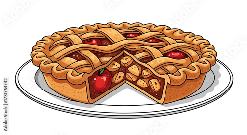 Delicious cartoon apple pie with lattice crust on a white plate ready to eat for dessert