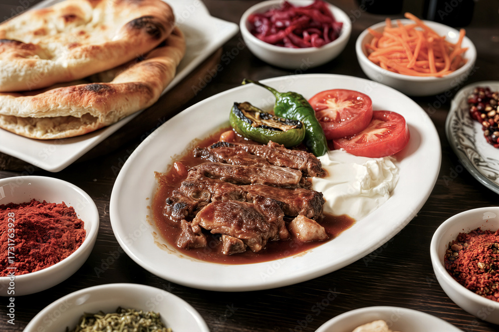 Fototapeta premium traditional bursa turkish iskender kebab top view concept concepto tradicional de kebab iskender turco de bursa vista superior concept traditionnel de kebab iskender turc vu de dessus