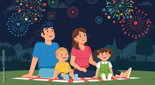 Family enjoying fireworks display at night.