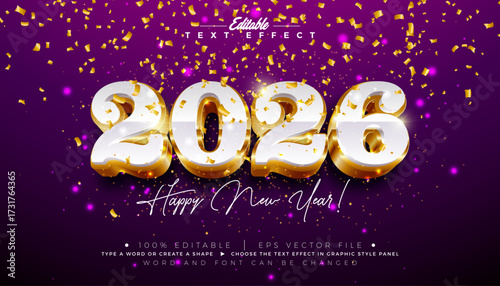 2026 Happy New Year 3D Text Effect Design Editable and Scalable Vector Graphic Style with Gold Typography Lettering and Falling Confetti on Dark Background. Christmas Holiday Illustration Template
