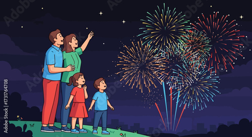 Family Watching Fireworks Celebration Together Outdoors.